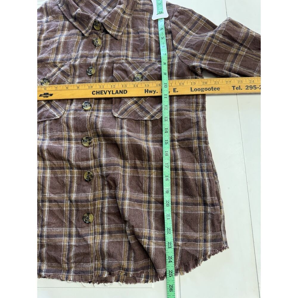 Democracy Women Medium Brown Plaid Flannel Button Up Long Sleeve Raw Hem Pocket - Picture 6 of 6